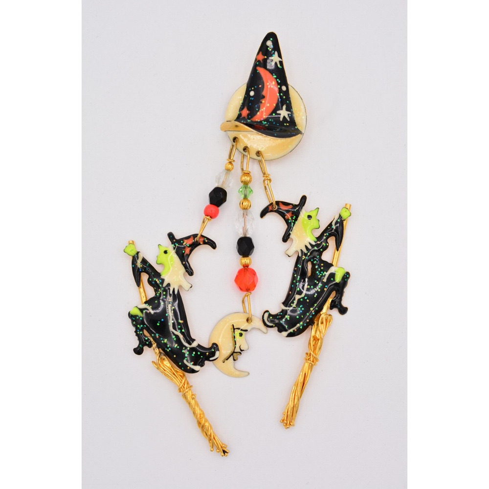 Lunch At The Ritz Vintage Halloween Pin Brooch Witch Hat Dangle Broom RARE Bin5B